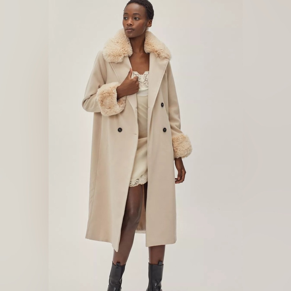 Nasty Gal Wool Look Faux Fur Trimmed Coat in BLACK